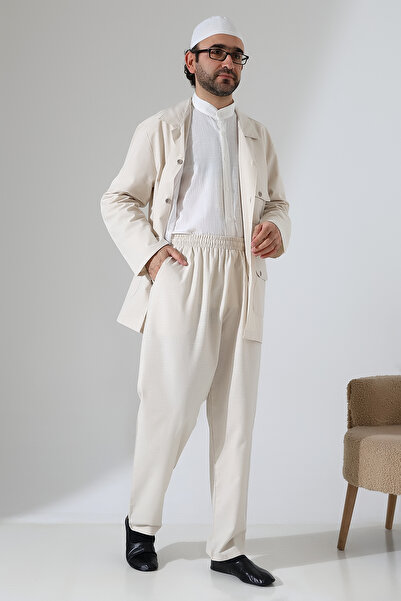 ihvan online Men's Linen Double Safari Suit - Hajj and Umrah Clothing Cream (Sfa)