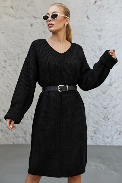 NEWCO Rochie tricotată modernă, texturată, cu decolteu în V, cu textura minimalistă, supradimensionat – negru