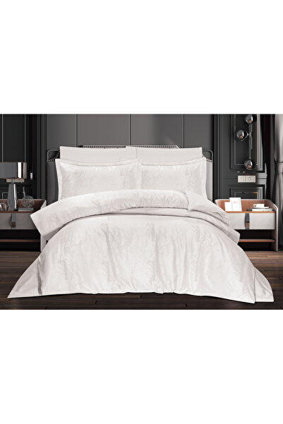 ihvan online Double Jacquard Satin Duvet Cover Set - 200X220 - 6 Piece Cotton Bedding Set - White (Alb)