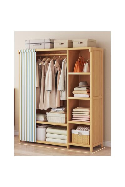 KEKE Bedroom Coat Rack Home Wardrobe Light Luxury Simple Light Brown Design with Multiple Shelves