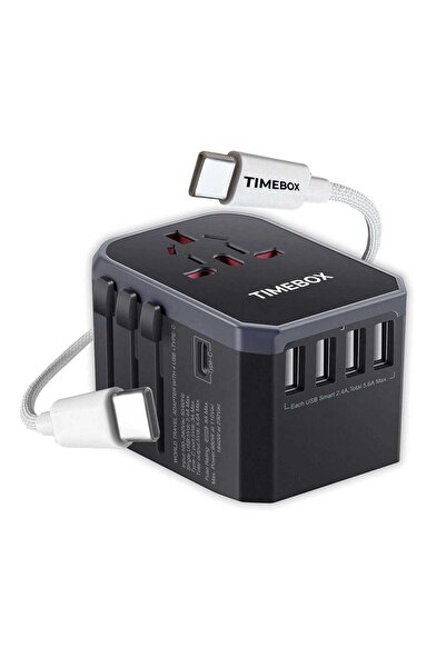 Timebox Pachet de călătorie: Adaptor universal (4 USB + 1 USB-C) pentru SUA/M...