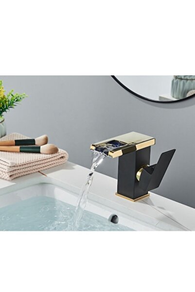 7LIFE Modern sink faucet, luxury black/gold, LED temperature indicator, waterfall 12.5 cm