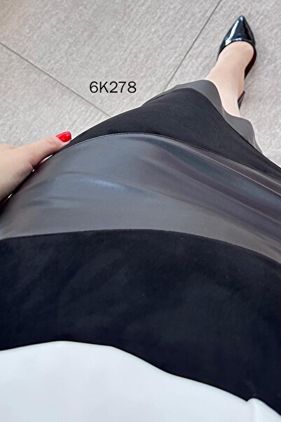 İnce Topuk Leather Paneled Suede Skirt 6K278