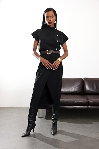 5in1Canpolat Black Gold Button Detailed Belted Dress 8244