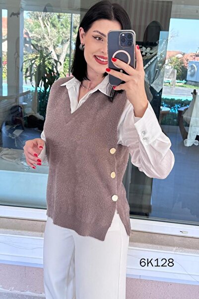 İnce Topuk Bearded Knitwear Vest with Side Buttons 6K128