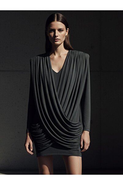 RİVUS Drape Detailed Long Sleeve V-Neck Mini Dress - Black