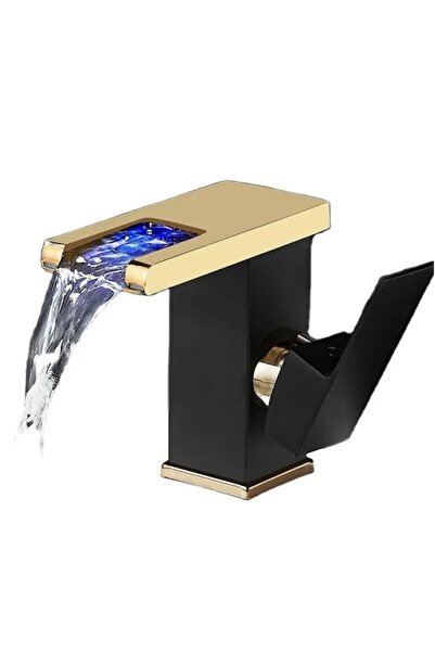 7LIFE Modern sink faucet, luxury black/gold, LED temperature indicator, waterfall 12.5 cm
