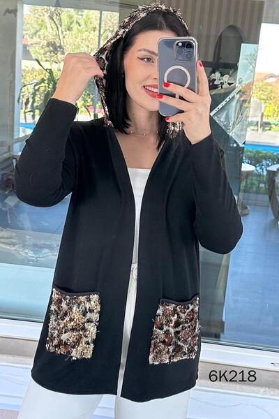 İnce Topuk Hooded Leopard Paneled Strawberry Cardigan 6K218