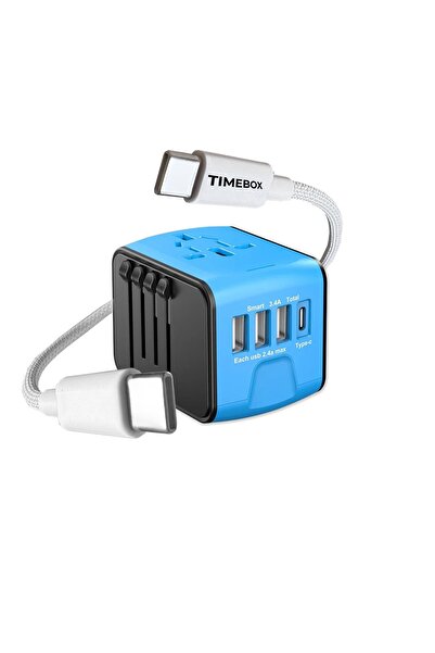 Timebox Travel Pack: Universal Adapter (3 USB + 1 USB-C) + 66W USB-C Cable, Blue