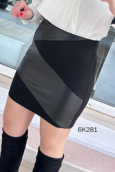 İnce Topuk Leather Paneled Suede Skirt 6K281