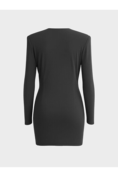 RİVUS Drape Detailed Long Sleeve V-Neck Mini Dress - Black