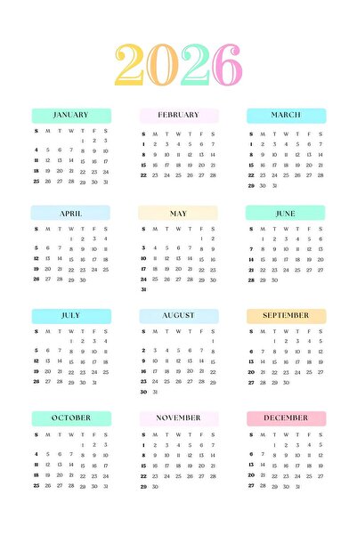 Rana İkra Art 2026 Renkli Sade Takvim (PVC KAPLI)(A3)(İNGİLİZCE)