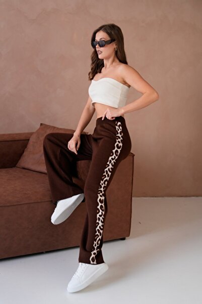 Ambessa Style Brown Leopard Patterned Soft Textured Knitwear Trousers