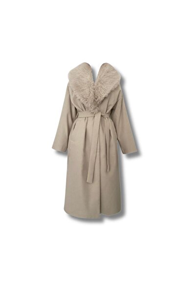 VAGUE COUTURE Perla Kaban Bej | Kürk Görünümlü Yaka | Kuşaklı Uzun Kadın Kaba...