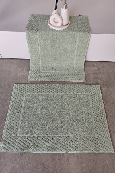 Sevim Set of 2 Diagonal Striped Foot Towels - 100% Cotton Towel Set - 50X70 cm - Green