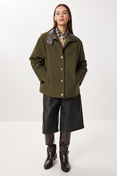 Lovelyİstanbul Contrast Leather Collar Detailed Gabardine Jacket Lfn0139 Khaki