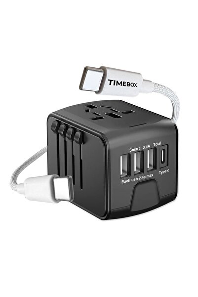 Timebox Set de călătorie: Adaptor universal (3 USB + 1 USB-C) + cablu USB-C 6...