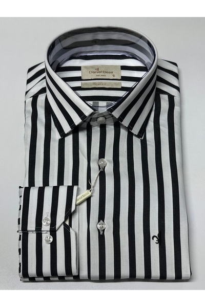 Daniel Bessi Μακρυμάνικο εφαρμοστό 100% βαμβακερό σατέν χωρίς τσέπες ριγέ κλασικό ανδρικό πουκάμισο GML-705