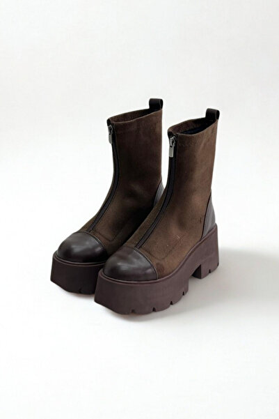 inizio Μπότες καφέ σουέντ με χοντρή σόλα P9021