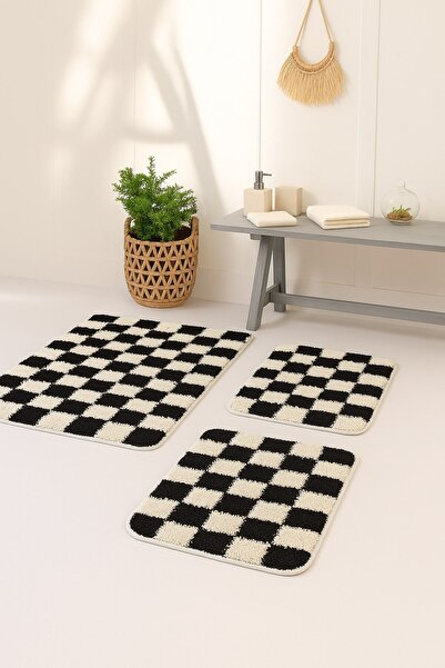 EUROBANO Chess Dama Pattern 3-Piece Bath Mat Bone-Black 60X100 60X50 60X50Cm Washable Latex Non-Slip Base