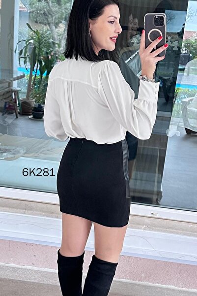 İnce Topuk Leather Paneled Suede Skirt 6K281