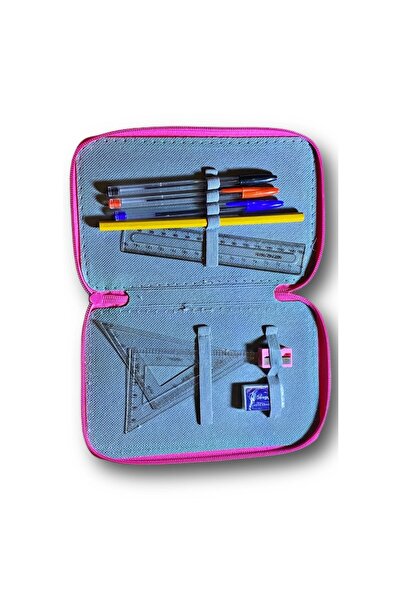 OEM Equipped pencil case with 2 zippers, 21 pieces - pink