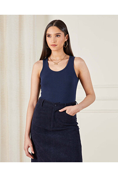REDTAG Women Navy Solid Ribbed Vest