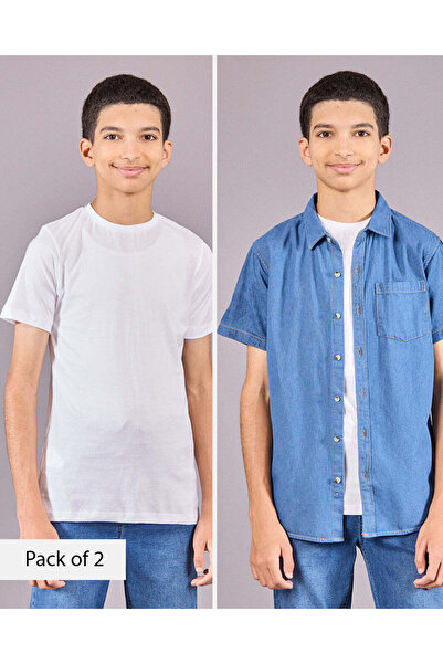 REDTAG Senior Boys Blue Denim Shirt With White T-Shirt Set (2 Piece)