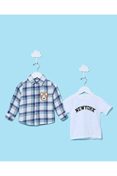 REDTAG Blue Brown Checked Flannel Shirts With Tee (2 Piece)