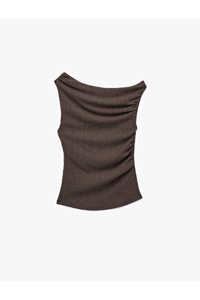 Koton Viscose Blend Drape Detailed Textured Asymmetrical Neckline Sleeveless Blouse