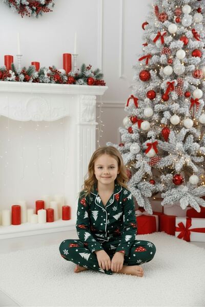 sharin Boys-Girls Patterned Soft Suede Fabric Buttoned New Year Pajama Set 5E-4772