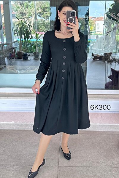 İnce Topuk Square Neck Button Detail Dress 6K300