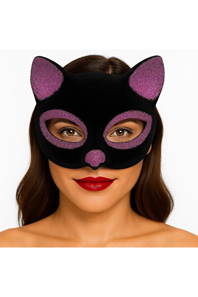 Marsilyan Black Color Pink Glitter Suede Coated Cat Mask 18X14 cm Ilkel-Rsitdk4