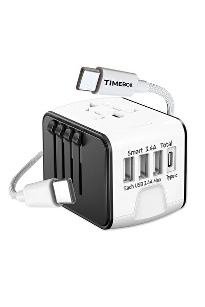 Timebox Set de călătorie: Adaptor universal (3 USB + 1 USB-C) + cablu USB-C 6...