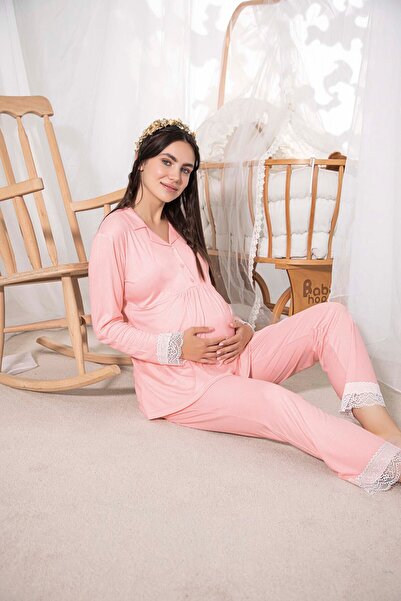 ARMİLLİA DİMODA Aydoğan Salmon Pink Women's Long Sleeve Maternity Pajama Set