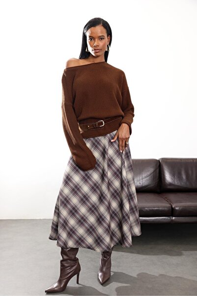 5in1Canpolat Brown Belted Maxi Plaid Skirt 251120