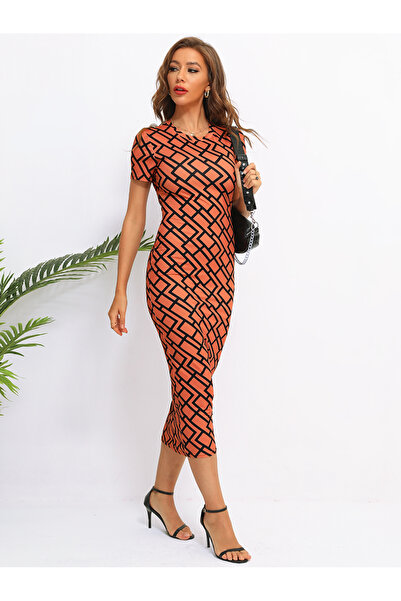 FridayIn Female Fast fashion Round neck Printing Slim Long dress