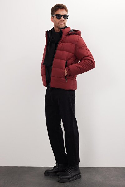 Tudors Men's Relax Fit Relaxed Fit Double Pocket Removable Hooded Maroon Inflatable Coat