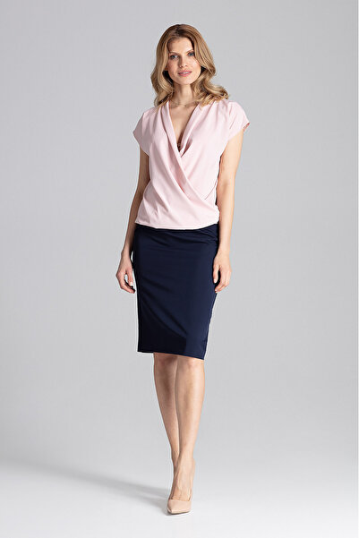 Figl Bluză elegantă cu decolteu în V - bluză roz cu mânecă scurtă M652 mărimea L