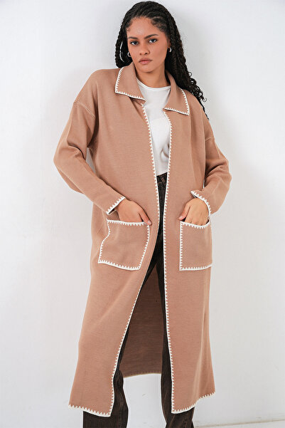 Bigdart Γυναικεία μακριά πλεκτή ζακέτα oversized 15962 - Camel