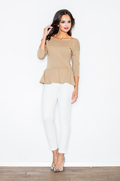 Figl Bluză elegantă din bumbac - bluză cu guler tip barcă bej M233 mărimea XL