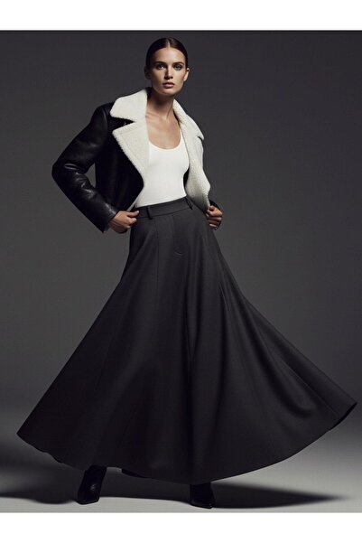 RİVUS High Waist Maxi Length Skirt with Pockets - Gray