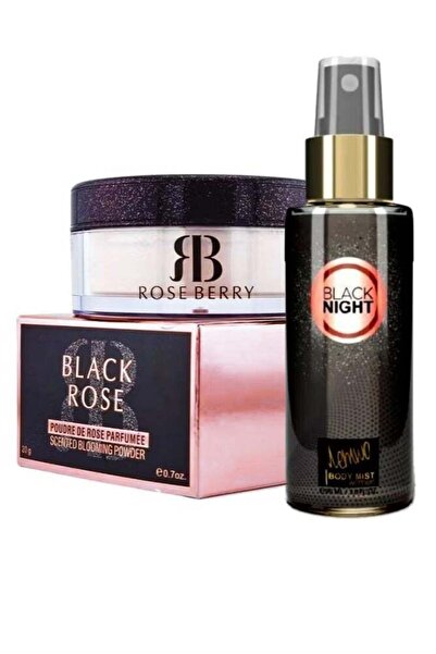 roseberry بودرة الجسم اللامعة برائحة التوت الوردي (ليلة سوداء) + عطر الجسم بلاك نايت