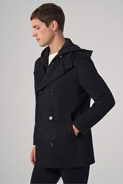 Morven Men's Black Wool Turn-Down Collar Hooded Dynamic Fit Coat