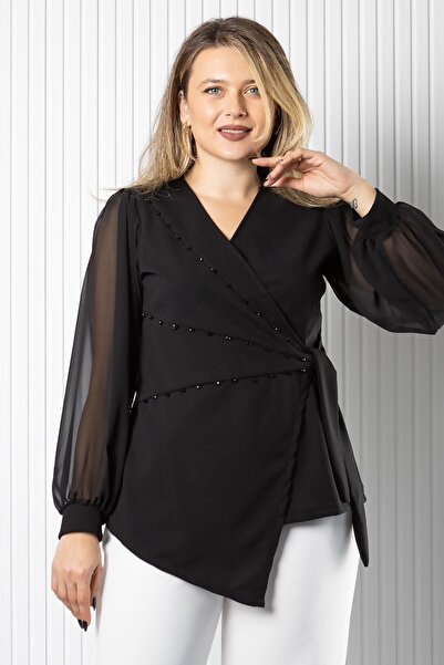 SUBU TASARIM Chiffon Sleeve Tie Detail Blouse Black Tbs986