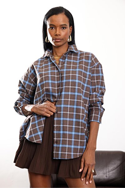 5in1Canpolat Καφέ πουκάμισο με καρό σχέδιο