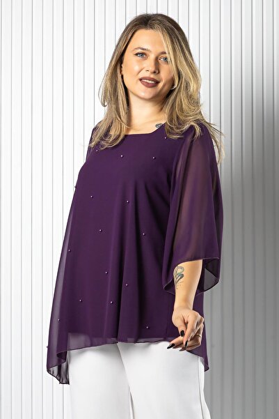 SUBU TASARIM Pearl Detailed Chiffon Blouse Purple Tbs974