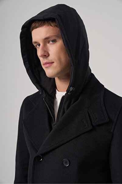 Morven Men's Black Wool Turn-Down Collar Hooded Dynamic Fit Coat