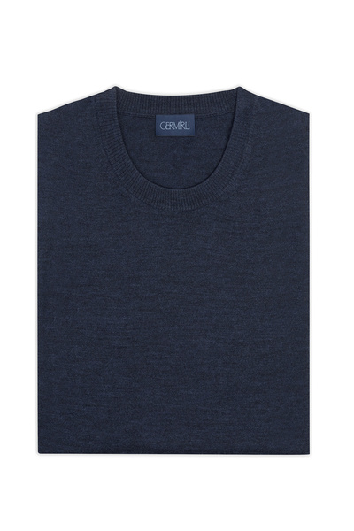 Germirli Crew Neck Navy Blue Melange Regular Fit Extra Fine Wool Men's Knitwear