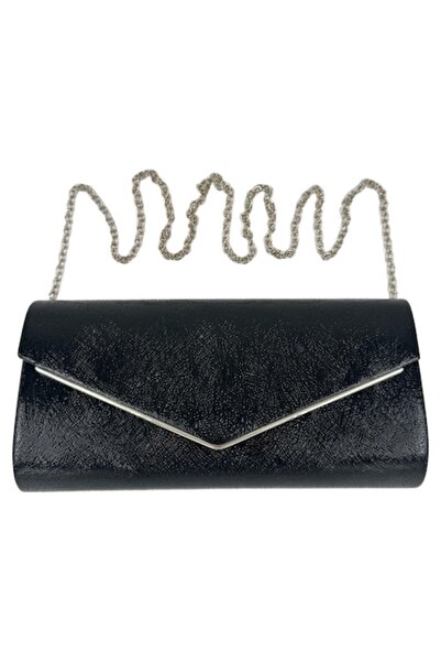 OEM Elegant textured clutch bag with detachable metal chain, magnetic closure, 26.5x13.1x5 cm, black